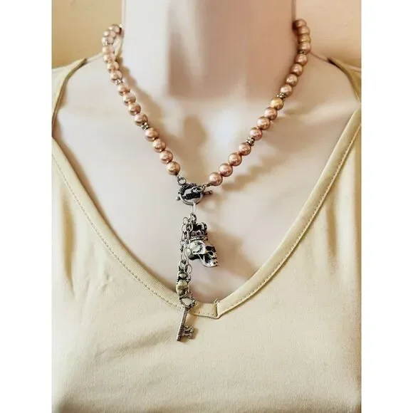 Versani Goth Necklace Skull Charm Dangle Pearl Gemstone Sterling Silver 925 Rare